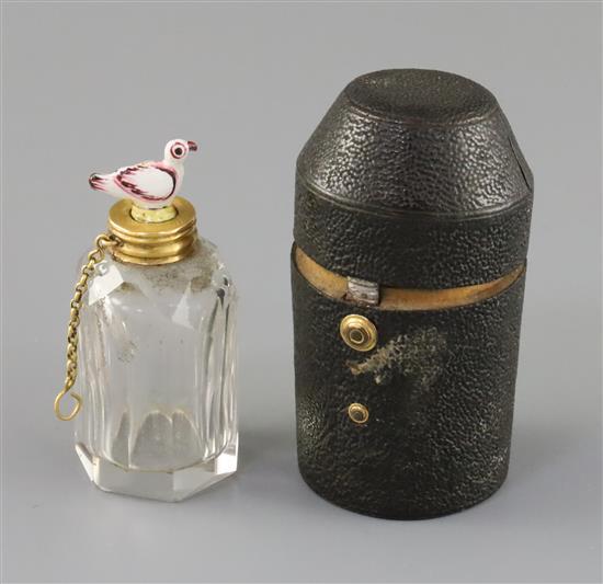 A late 18th century gold mounted glass scent bottle, the dove stopper possibly St James porcelain, H. 5.2cm, with original leather ca